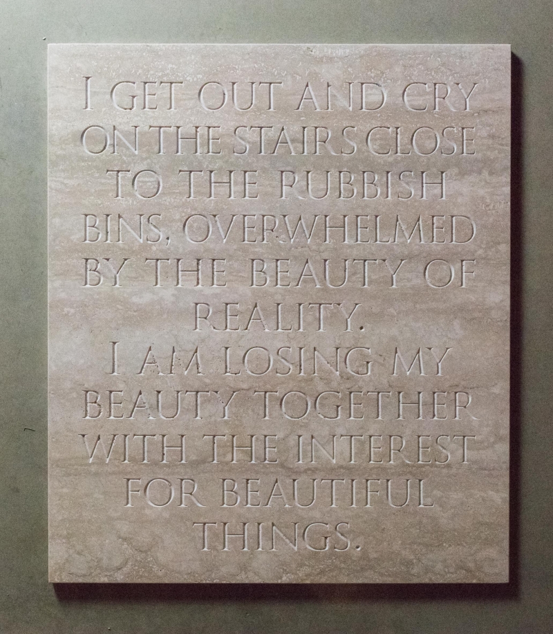 I get out and cry..., 2020, engraved travertine marble, cm 90 x 76 x 2