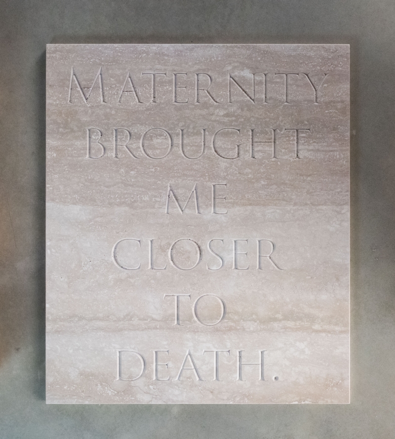 Maternity brought me..., 2020, engraved travertine marble, cm 90 x 76 x 2