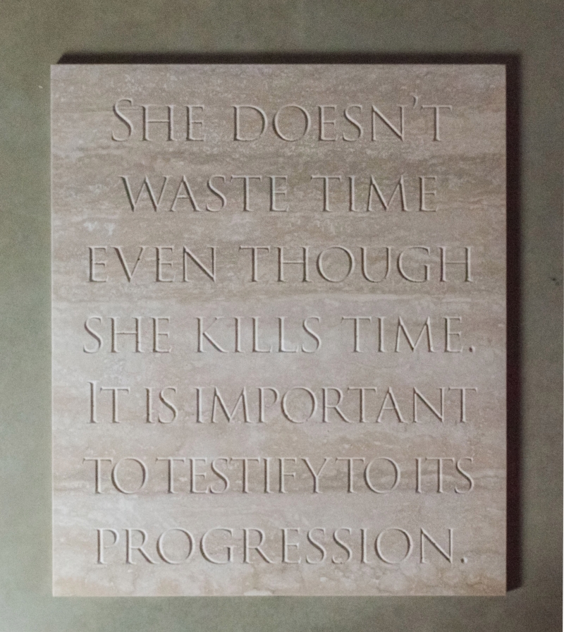 She doesn't waste time.., 2020, engraved travertine marble, cm 90 x 76 x 2