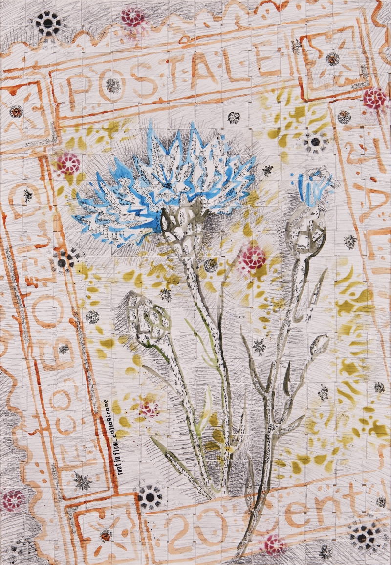 Stamps_ROOTS IN FLOW_ Centaurea cyanus_Caltagirone, 2020, mixed media on paper, cm 70 x 50.