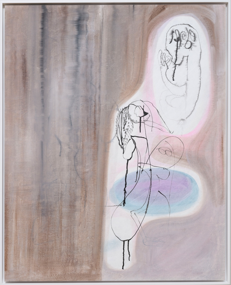Pensamiento con pajarraca, 2022. Anilina, cloro, acrilico, inchiostro e mordente per legno su tessuto in polietilene, cm 100 x 80